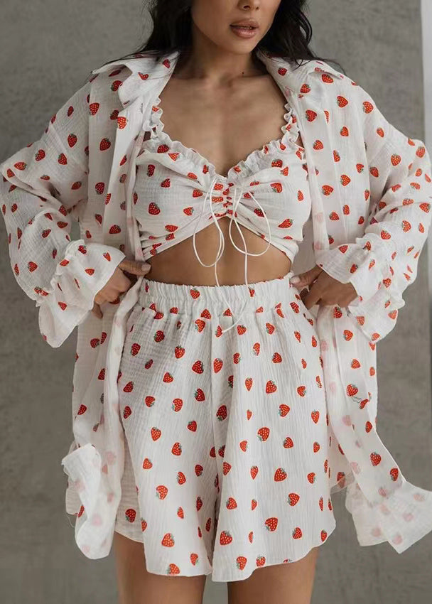 Pajama Women Pieces Print Strawberry Cotton Summer 3 Sets
