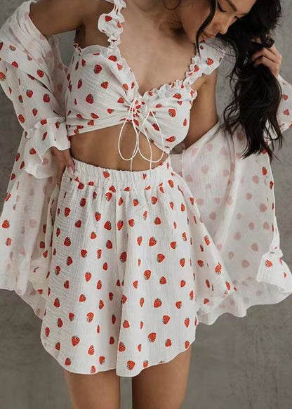 Pajama Women Pieces Print Strawberry Cotton Summer 3 Sets