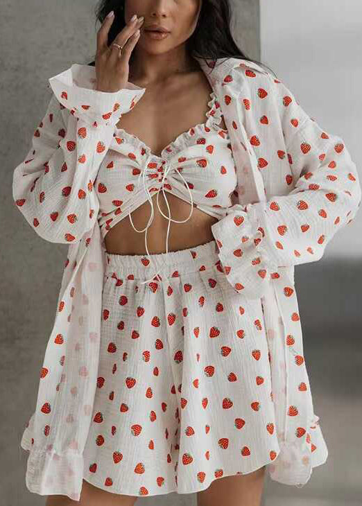 Pajama Women Pieces Print Strawberry Cotton Summer 3 Sets