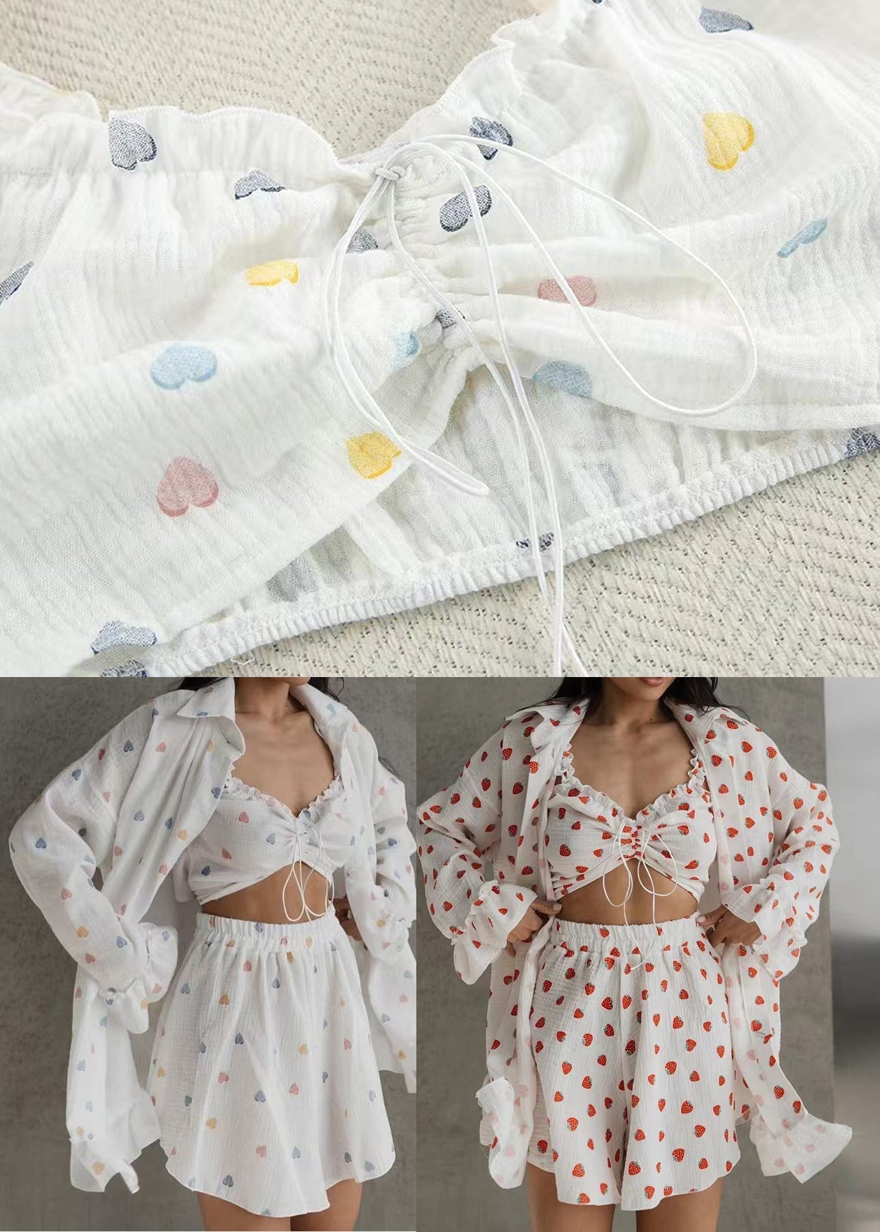 Pajama Women Pieces Print Strawberry Cotton Summer 3 Sets