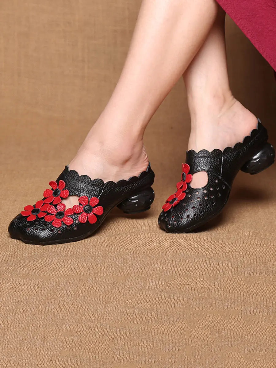 Women Summer Leather Vintage Flower Spliced Slippers Ada Fashion