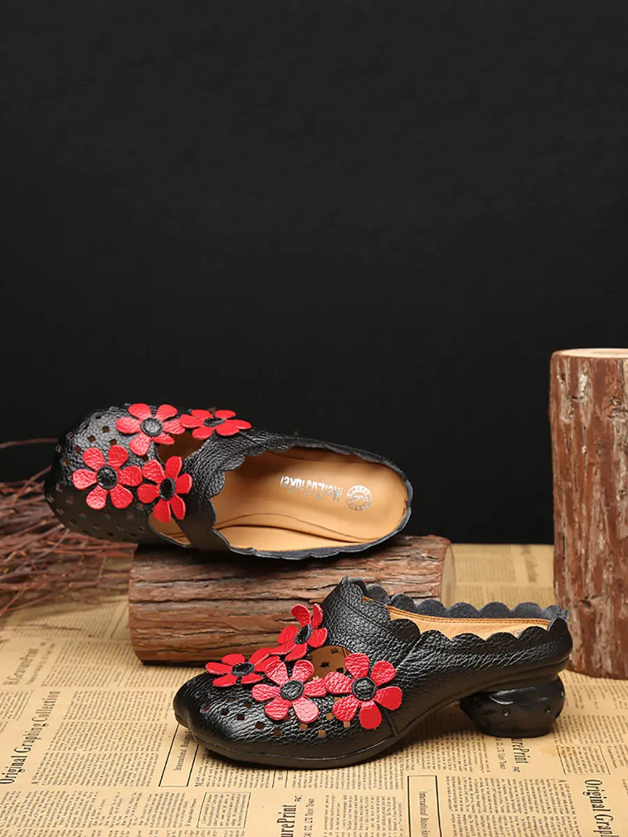 Women Summer Leather Vintage Flower Spliced Slippers Ada Fashion