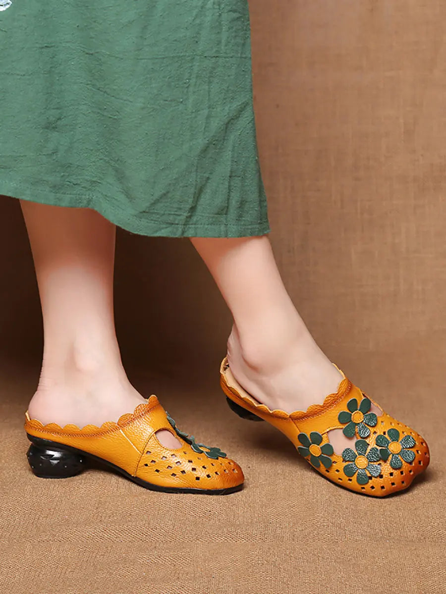 Women Summer Leather Vintage Flower Spliced Slippers Ada Fashion