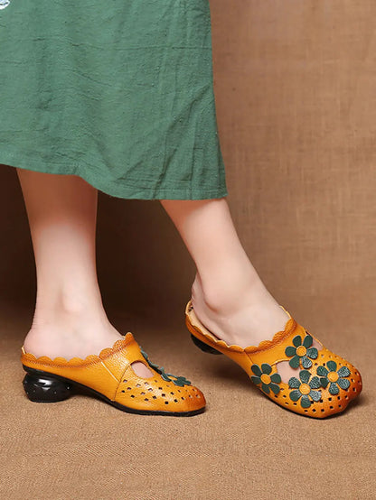 Women Summer Leather Vintage Flower Spliced Slippers Ada Fashion