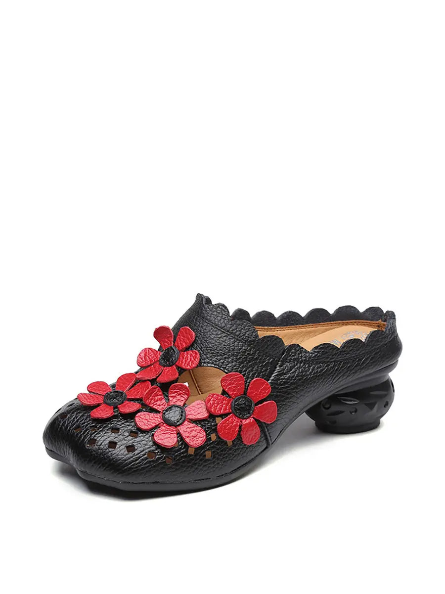 Women Summer Leather Vintage Flower Spliced Slippers Ada Fashion