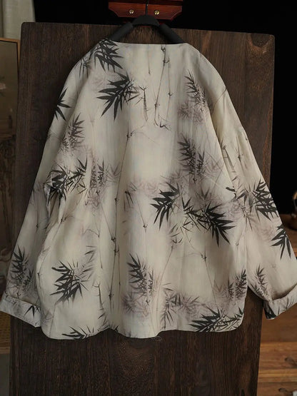 Women Vintage Bamboo Leaf Print Spring Ramie Sweatshirt Ada Fashion