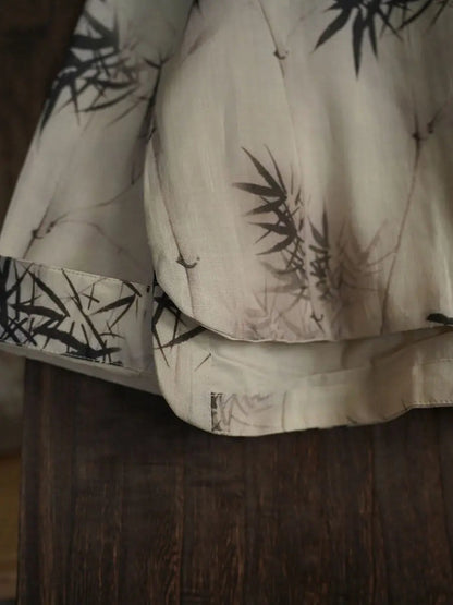 Women Vintage Bamboo Leaf Print Spring Ramie Sweatshirt Ada Fashion