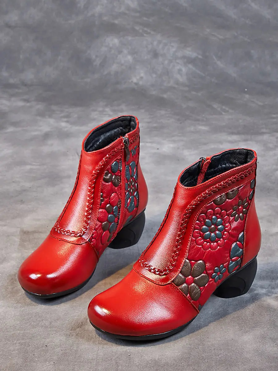 Women Vintage Leather Flower Jacquard Ankle Boots Ada Fashion