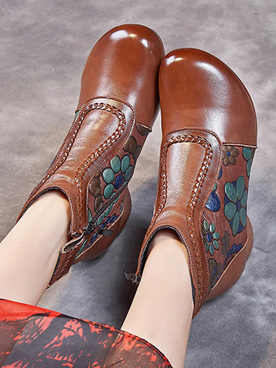 Women Vintage Leather Flower Jacquard Ankle Boots Ada Fashion