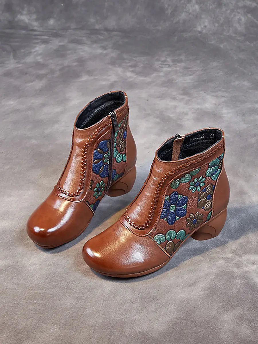 Women Vintage Leather Flower Jacquard Ankle Boots Ada Fashion