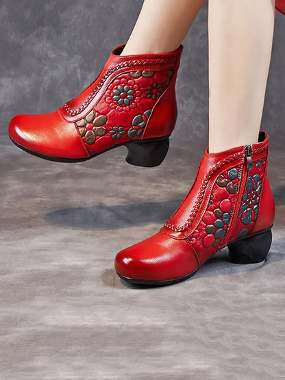 Women Vintage Leather Flower Jacquard Ankle Boots Ada Fashion