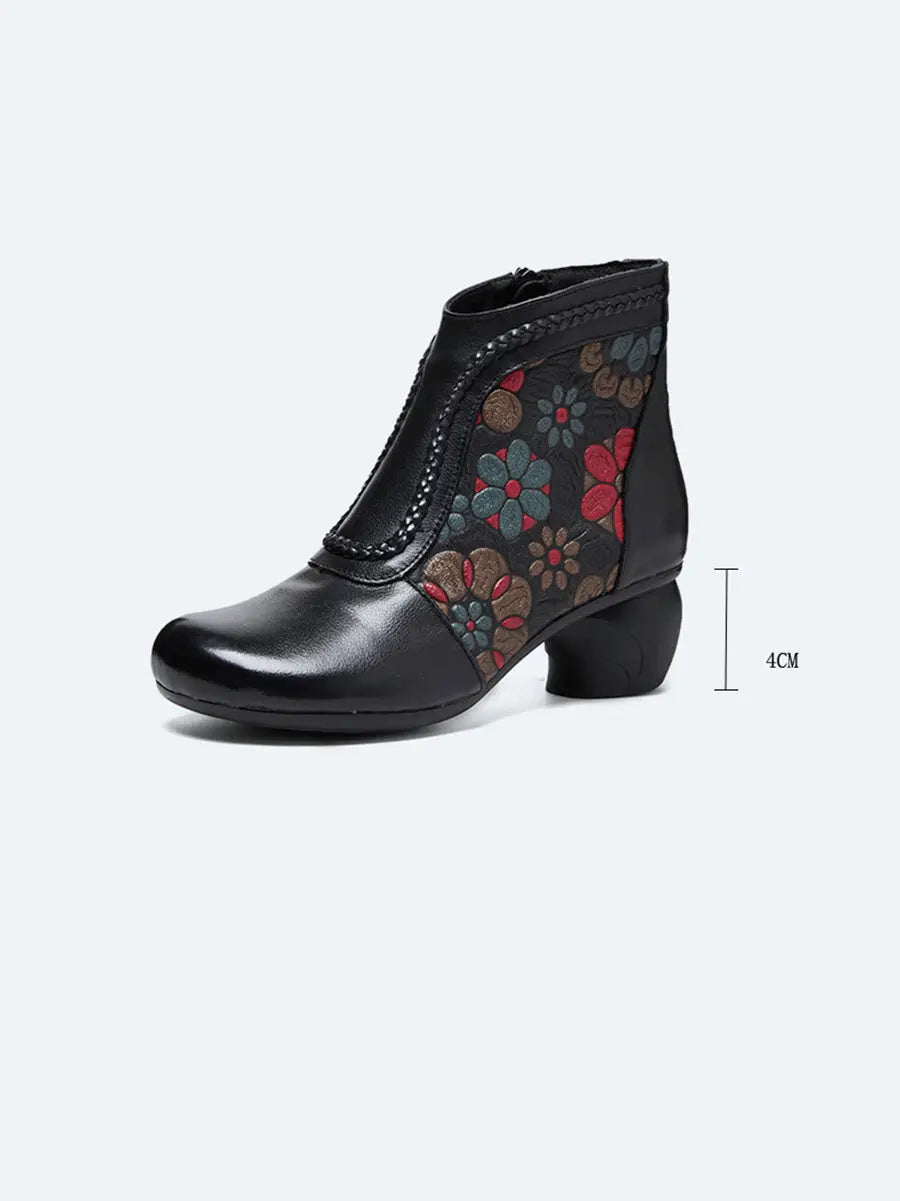 Women Vintage Leather Flower Jacquard Ankle Boots Ada Fashion