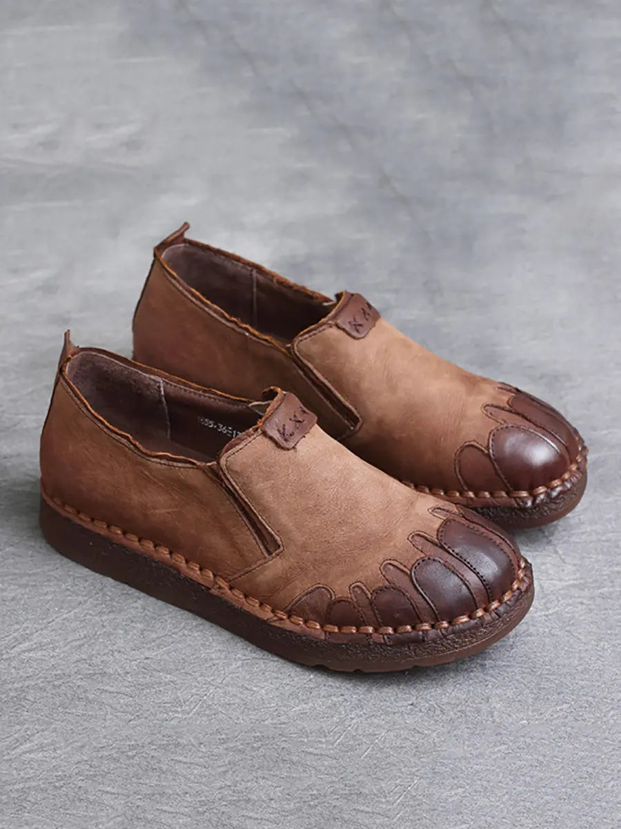 Women Vintage Leather Spliced Spring Flat Shoes Ada Fashion