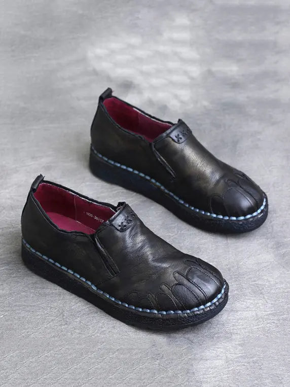 Women Vintage Leather Spliced Spring Flat Shoes Ada Fashion