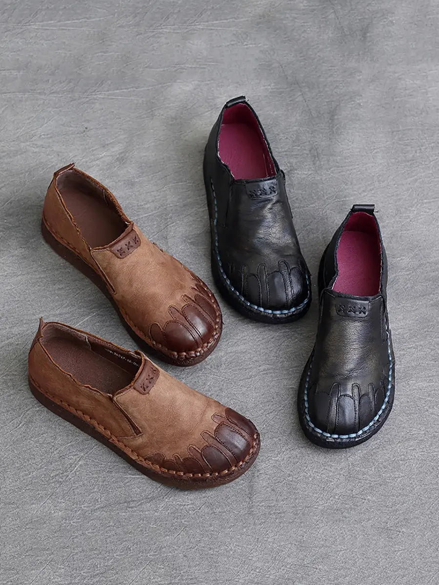 Women Vintage Leather Spliced Spring Flat Shoes Ada Fashion