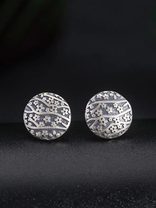 Women Vintage Sliver Flower Carve Round Earrings Ada Fashion