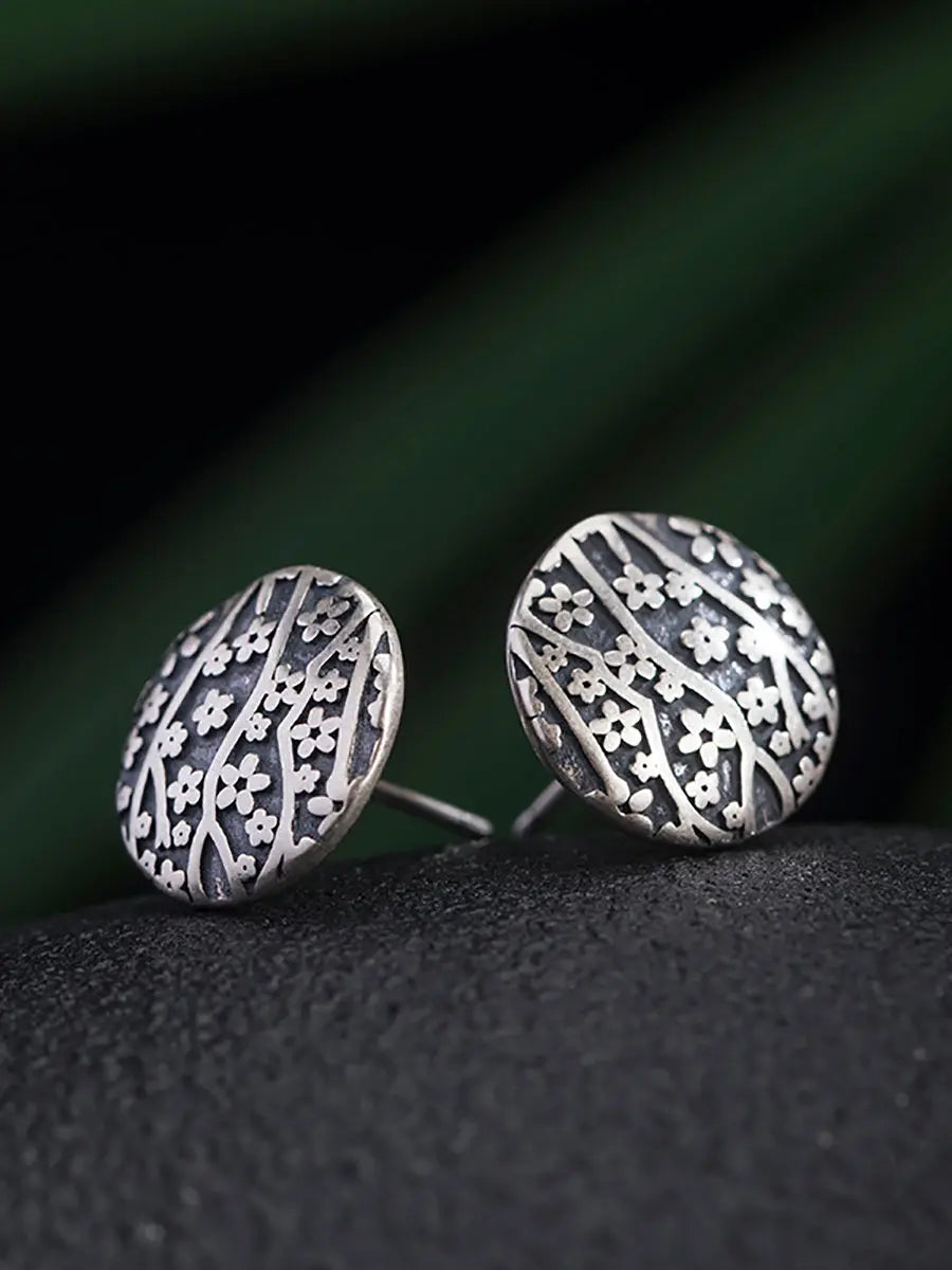 Women Vintage Sliver Flower Carve Round Earrings Ada Fashion