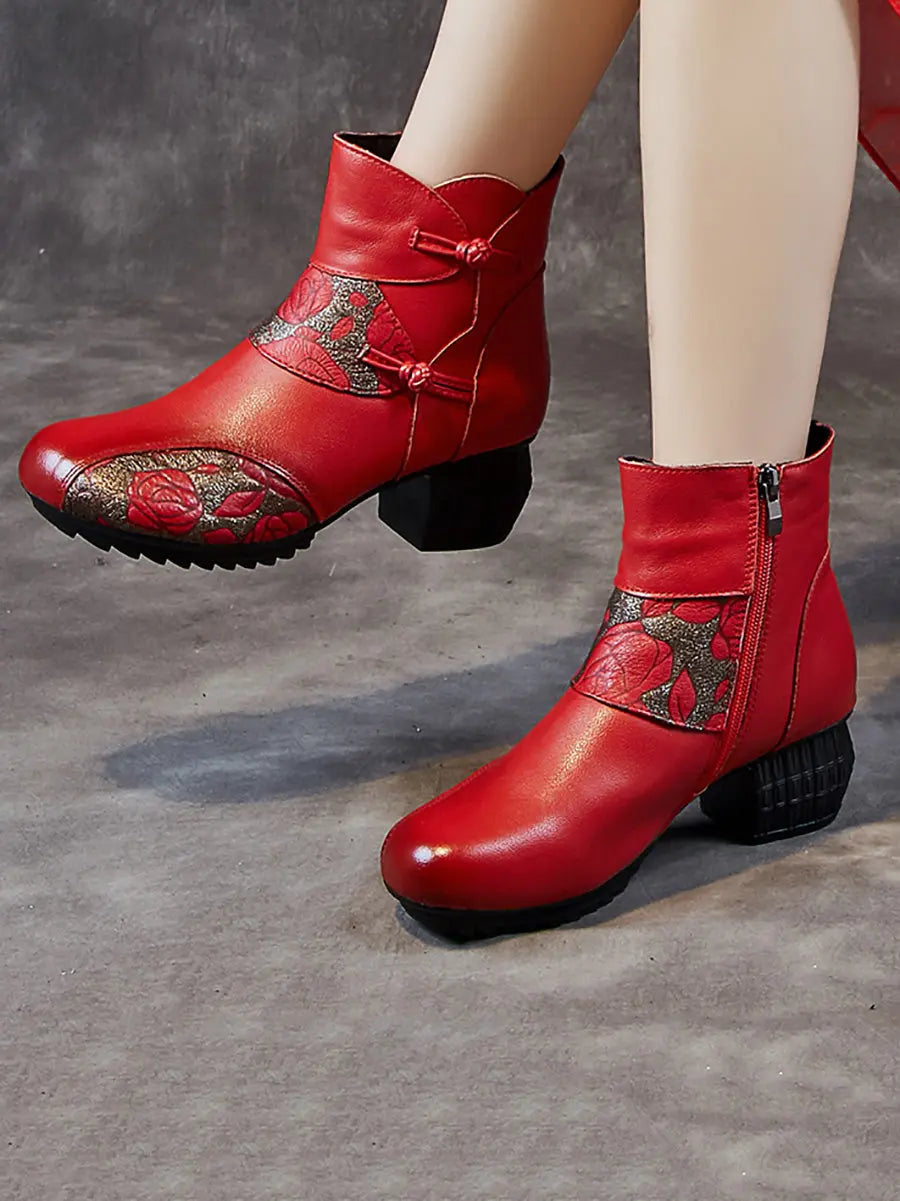 Women Vintage Winter Leather Flower Spliced Ankle Boots Ada Fashion