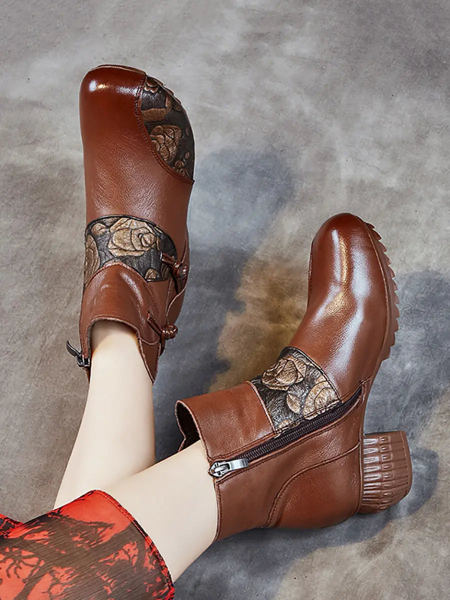 Women Vintage Winter Leather Flower Spliced Ankle Boots Ada Fashion