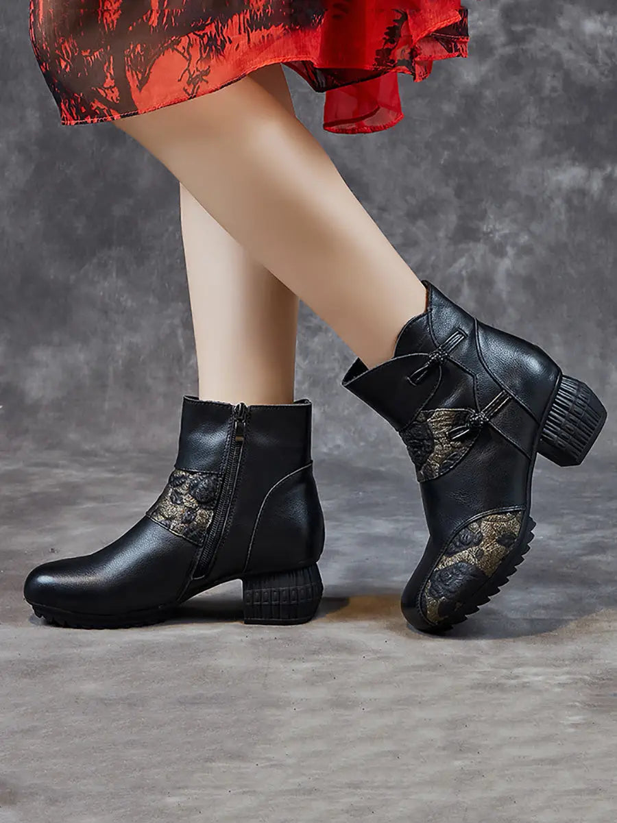 Women Vintage Winter Leather Flower Spliced Ankle Boots Ada Fashion