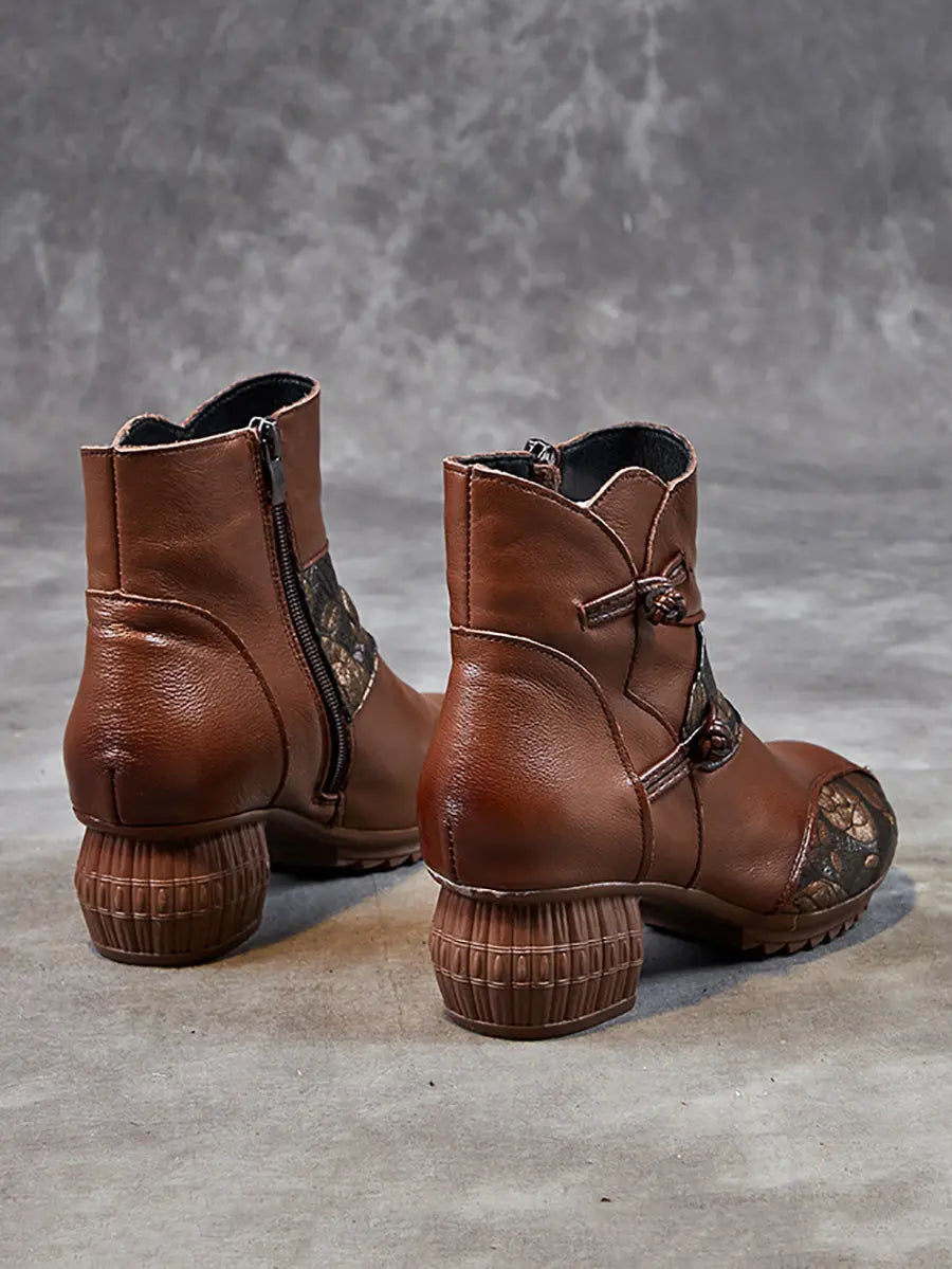 Women Vintage Winter Leather Flower Spliced Ankle Boots Ada Fashion