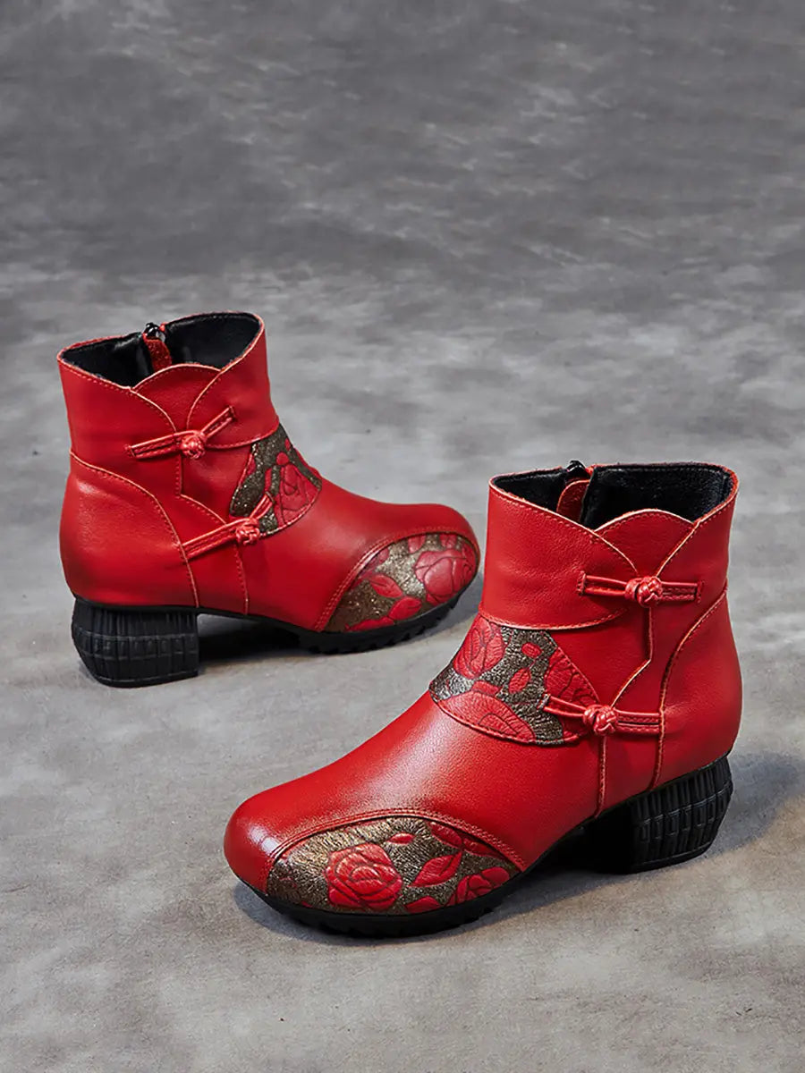 Women Vintage Winter Leather Flower Spliced Ankle Boots Ada Fashion