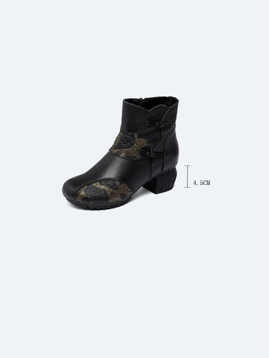 Women Vintage Winter Leather Flower Spliced Ankle Boots Ada Fashion