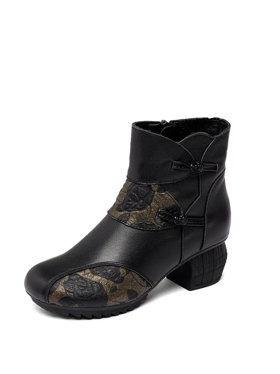 Women Vintage Winter Leather Flower Spliced Ankle Boots Ada Fashion