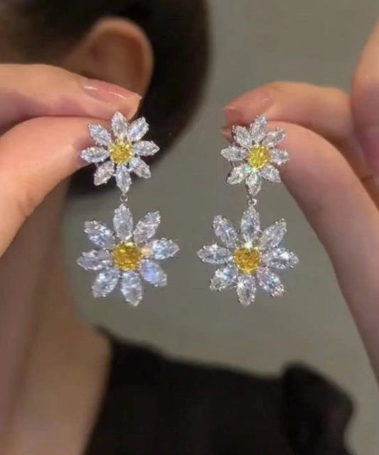 Women White Alloy Crystal Zircon Floral Drop Earrings EY007