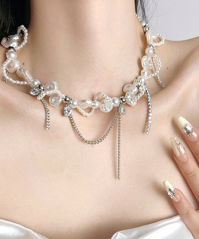 Lariat Necklace Zircon White Copper Pearl Chain Women