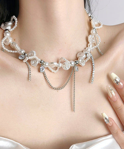 Lariat Necklace Zircon White Copper Pearl Chain Women