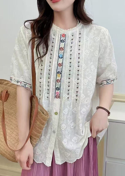 Shirts White Loose Women Embroidered Lace Summer