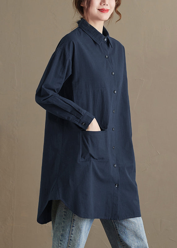 Women White Peter Pan Collar Pockets Cotton Shirt Top Fall OO036