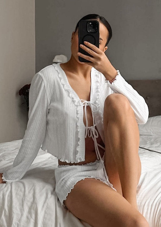 Knit Up Summer Ruffled Outfit Women 2 Piece Lace White