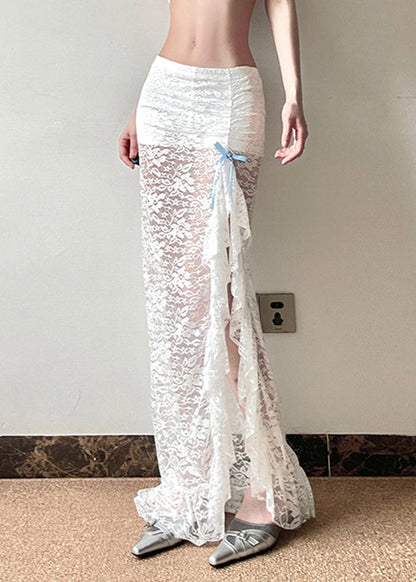 Women White Side Open Hollow Out Lace Wraped Skirts Spring YP050