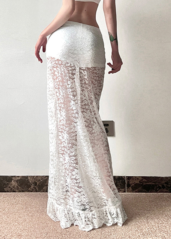 Women White Side Open Hollow Out Lace Wraped Skirts Spring YP050