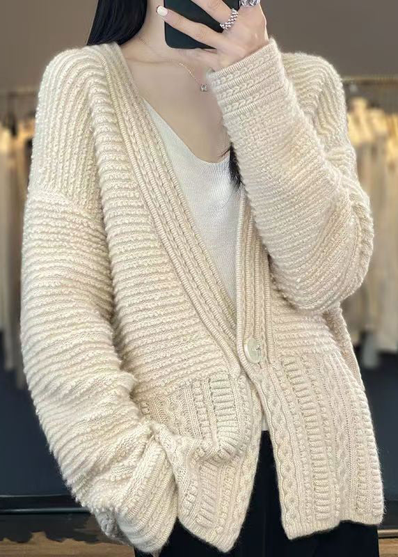Women White V Neck Button Woolen Cable Knit Coats Spring YW021