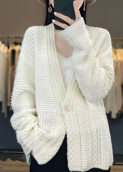 Women White V Neck Button Woolen Cable Knit Coats Spring YW021