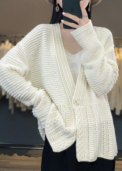 Women White V Neck Button Woolen Cable Knit Coats Spring YW021
