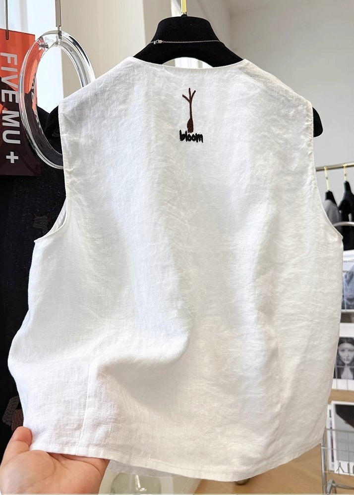 White Vest Sleeveless Embroideried Neck Cotton V Women