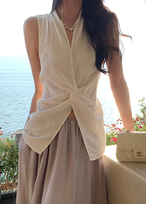 Blouses Neck Open V White Cotton Sleeveless Women Front