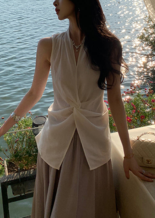 Blouses Neck Open V White Cotton Sleeveless Women Front