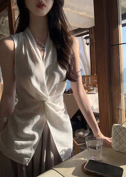 Blouses Neck Open V White Cotton Sleeveless Women Front