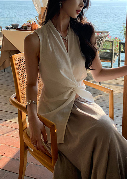 Blouses Neck Open V White Cotton Sleeveless Women Front