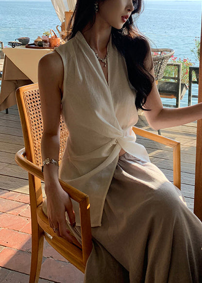 Blouses Neck Open V White Cotton Sleeveless Women Front