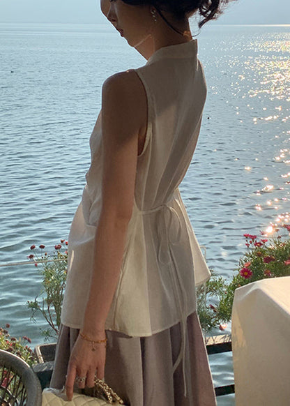 Blouses Neck Open V White Cotton Sleeveless Women Front