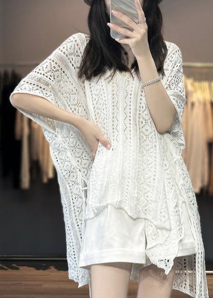 V Shirts Women Hollow Knit Neck T Summer White Out