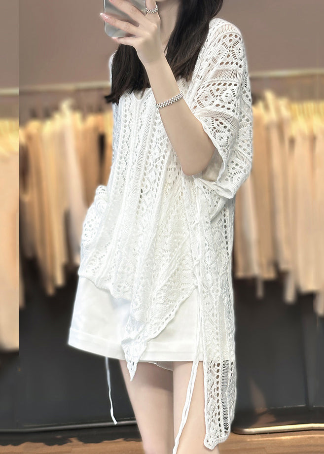 V Shirts Women Hollow Knit Neck T Summer White Out