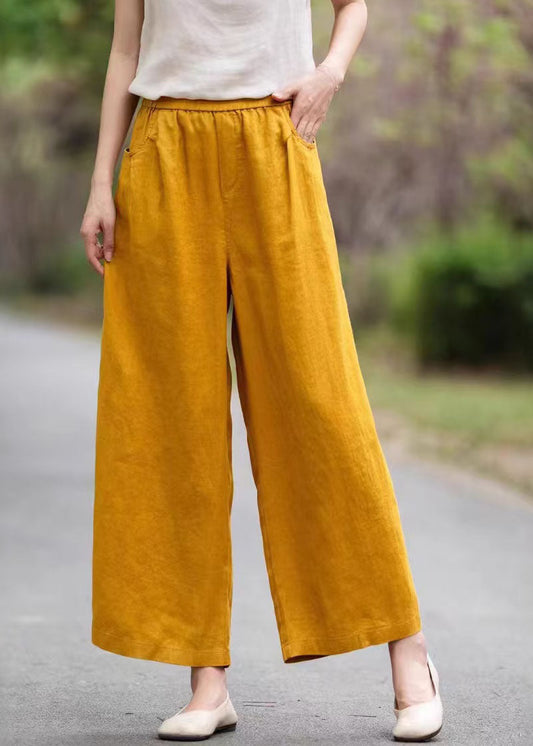 Pockets Pants Summer Linen Yellow Women Waist Elastic