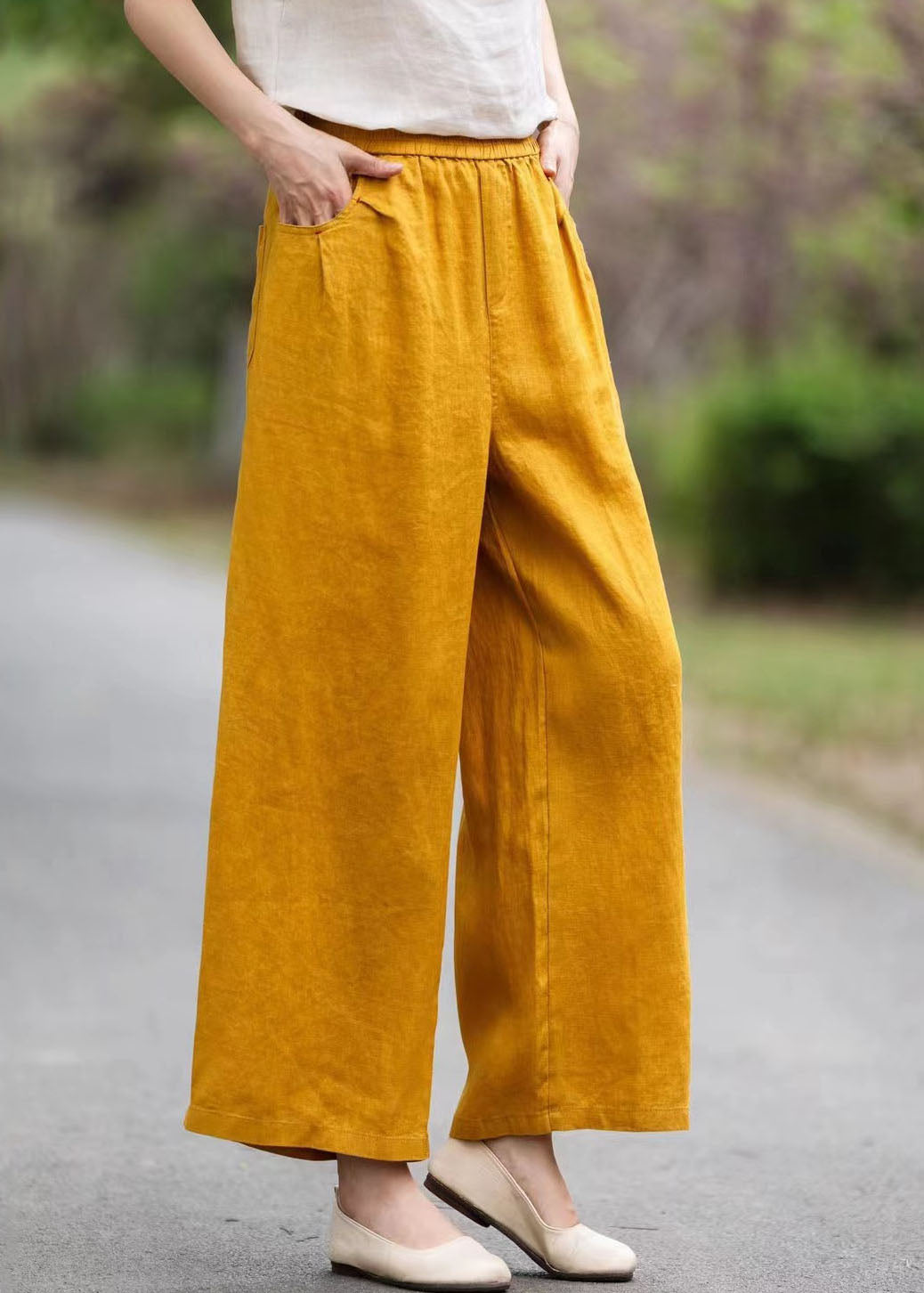 Pockets Pants Summer Linen Yellow Women Waist Elastic